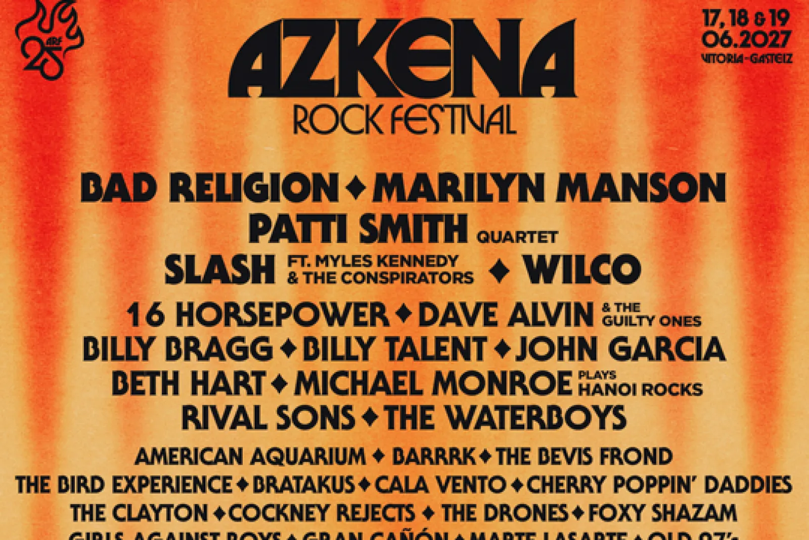 Entradas Azkena Rock Festival 2027: Patti Smith, Bad Religion, Marilyn Manson, Slash, Wilco.