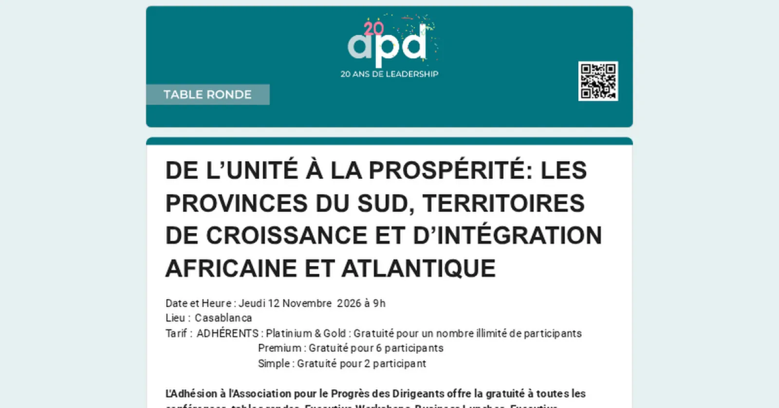 APD Maroc — Table ronde « De l'unité à la prospérité : les Provinces du Sud, territoires de croissance et d'intégration africaine et atlantique »