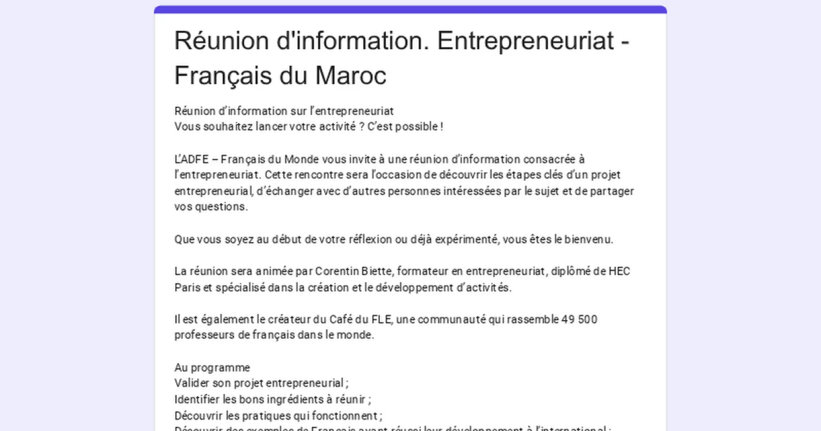 Réunion d'information sur l'entrepreneuriat — Français du monde-ADFE Rabat